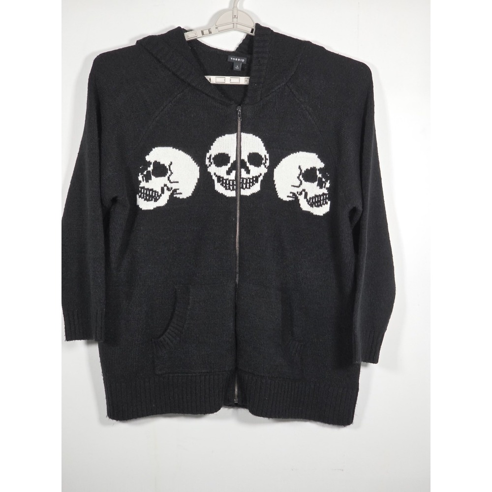 Torrid Womens Plus 3XL Full Zip Sweater Hoodie Black Skulls Embellished Casual
